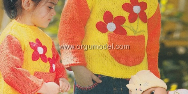 Kırmızı Çiçekli Örgü Çocuk Kazak Modeli Yapımı