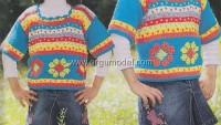 Kanaviçe Çiçekli Rengarenk Çocuk Kazak Örneği